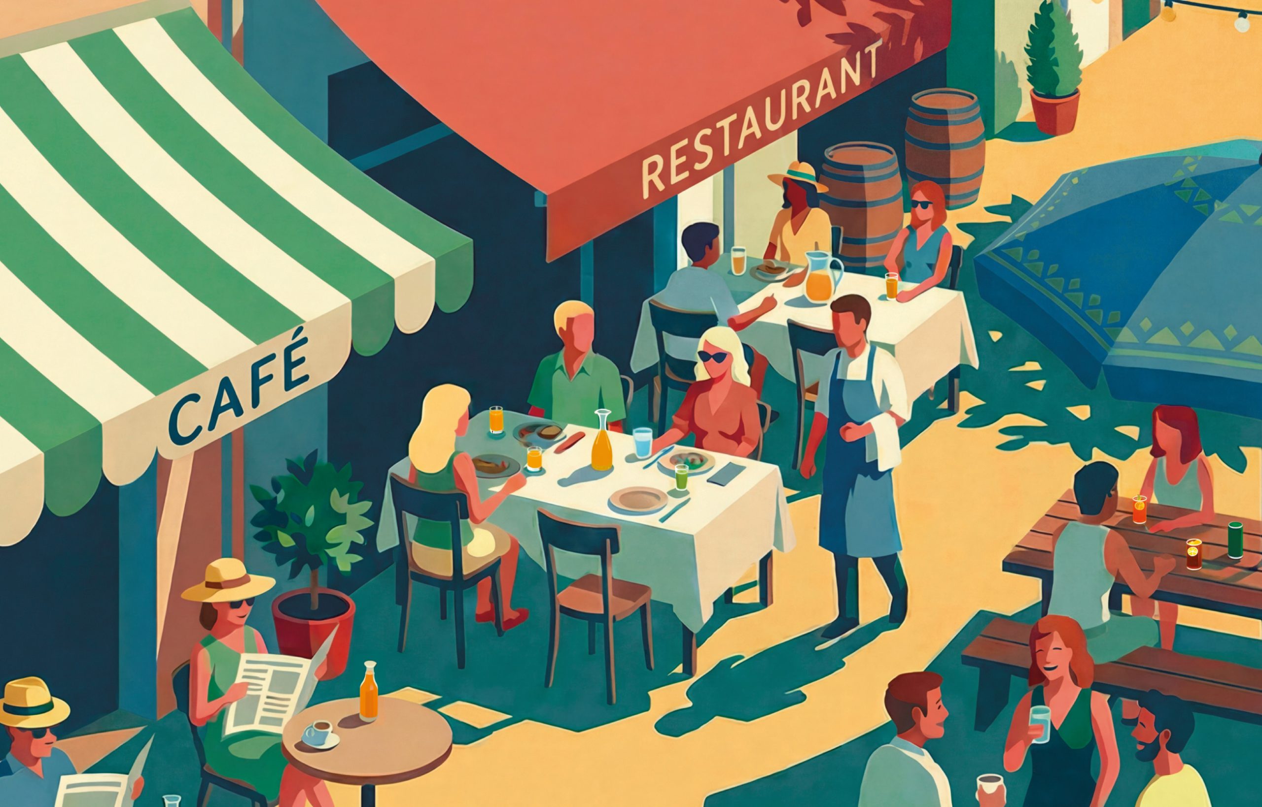 Illustration d’une terrasse de café-restaurant ensoleillée